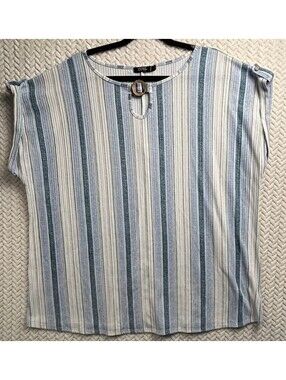 CURE. Women's 3XL Striped Short Sleeve Top with Wooden Buckle Detail